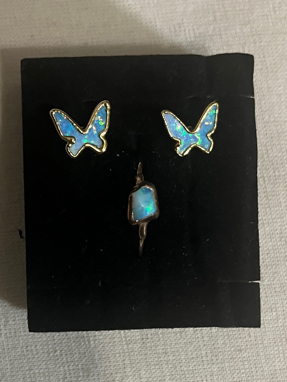 Ringcrush 24K Gold Filled Opal Butterfly Stud Earrings & Solitaire Ring Set